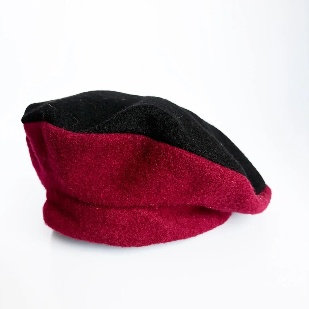 Vintage Norma Kamali for Stetson Wool Beret – Black & Burgundy Two-Tone (1980s)
